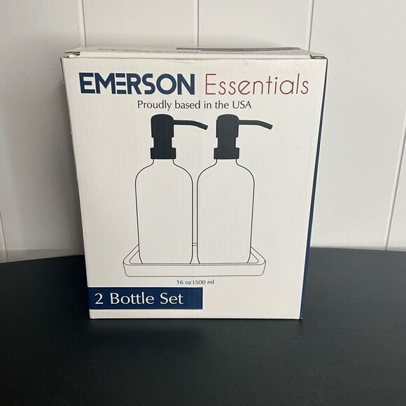 Emerson Essentials 2 Bottle Glass Set Bamboo Tray White 16 Oz Soap Shampoo New - Picture 1 of 6